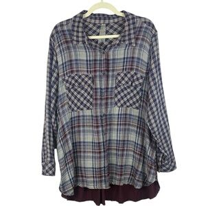 Melissa McCarthy Seven7 Blue Red Plaid Cotton Modal Blend Button-Down 2X Blouse